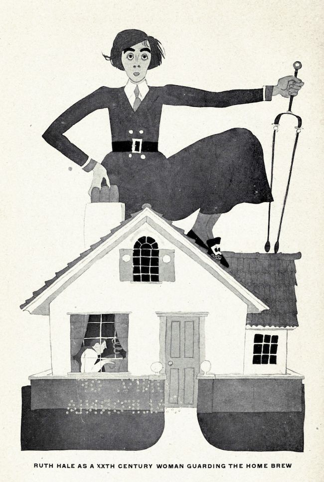 A vintage illustration of a large woman in Puritan clothing standing on the roof of a small house, guarding it with fireplace tools. The text below reads: "RUTH HALE AS A XXTH CENTURY WOMAN GUARDING THE HOME BREW".