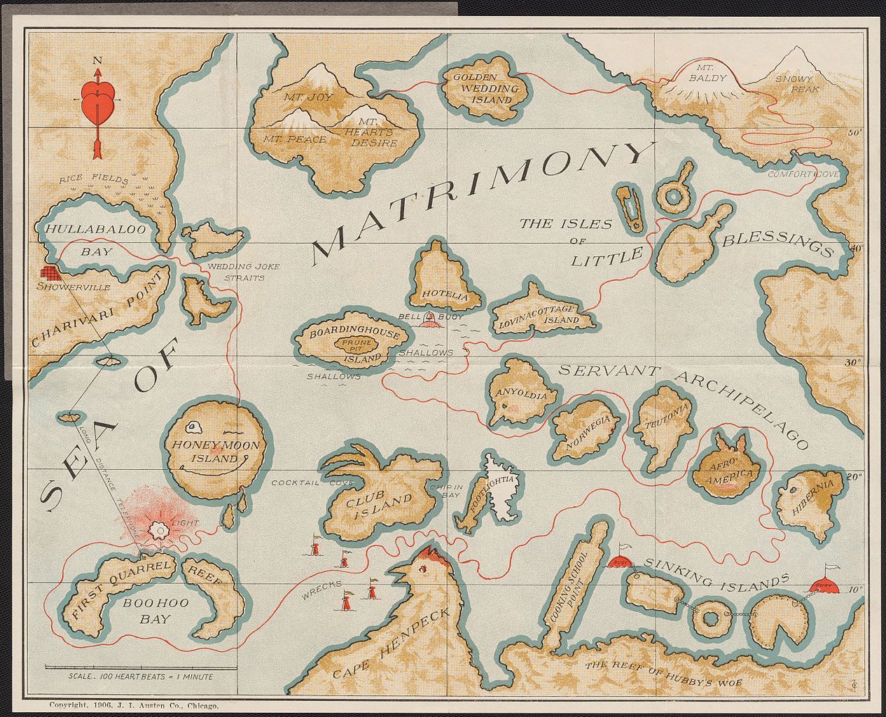 A vintage illustrated map titled 'The Sea of Matrimony', depicting islands and waterways with humorous names representing aspects of married life.