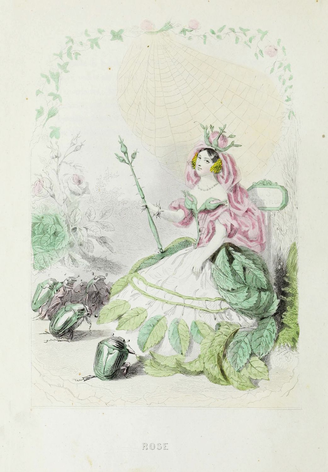 Vintage illustration titled 'Rose' depicting a woman personifying a rose, surrounded by lush foliage and beetles.