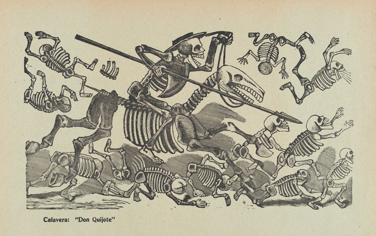 A black and white illustration of a skeletal Don Quixote riding a skeletal horse over a field of other skeletons.