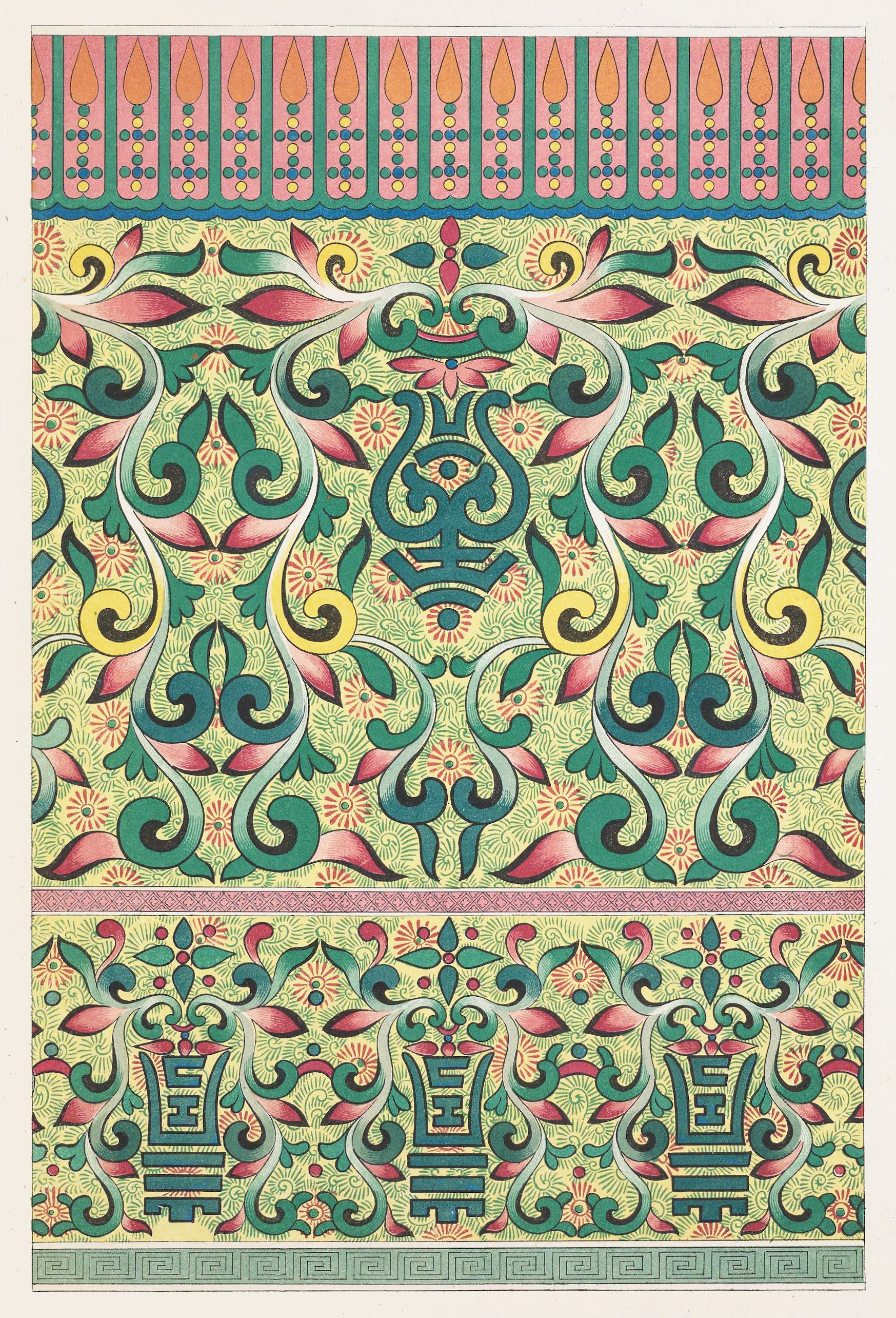 A highly ornate and symmetrical pattern, reminiscent of traditional Asian textiles or wallpaper. The color palette is dominated by a soft beige or cream background, overlaid with intricate designs in shades of green, red, and gold.