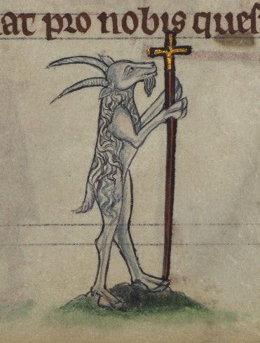 Medieval illustration of a goat holding a cross.
