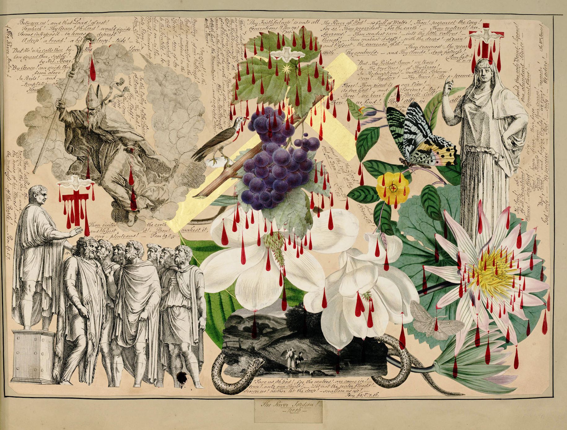 Antique illustration of lilies, grapes, a bird, and a butterfly emerging from an ornate vessel, surrounded by text and figures, with red droplets falling from above.