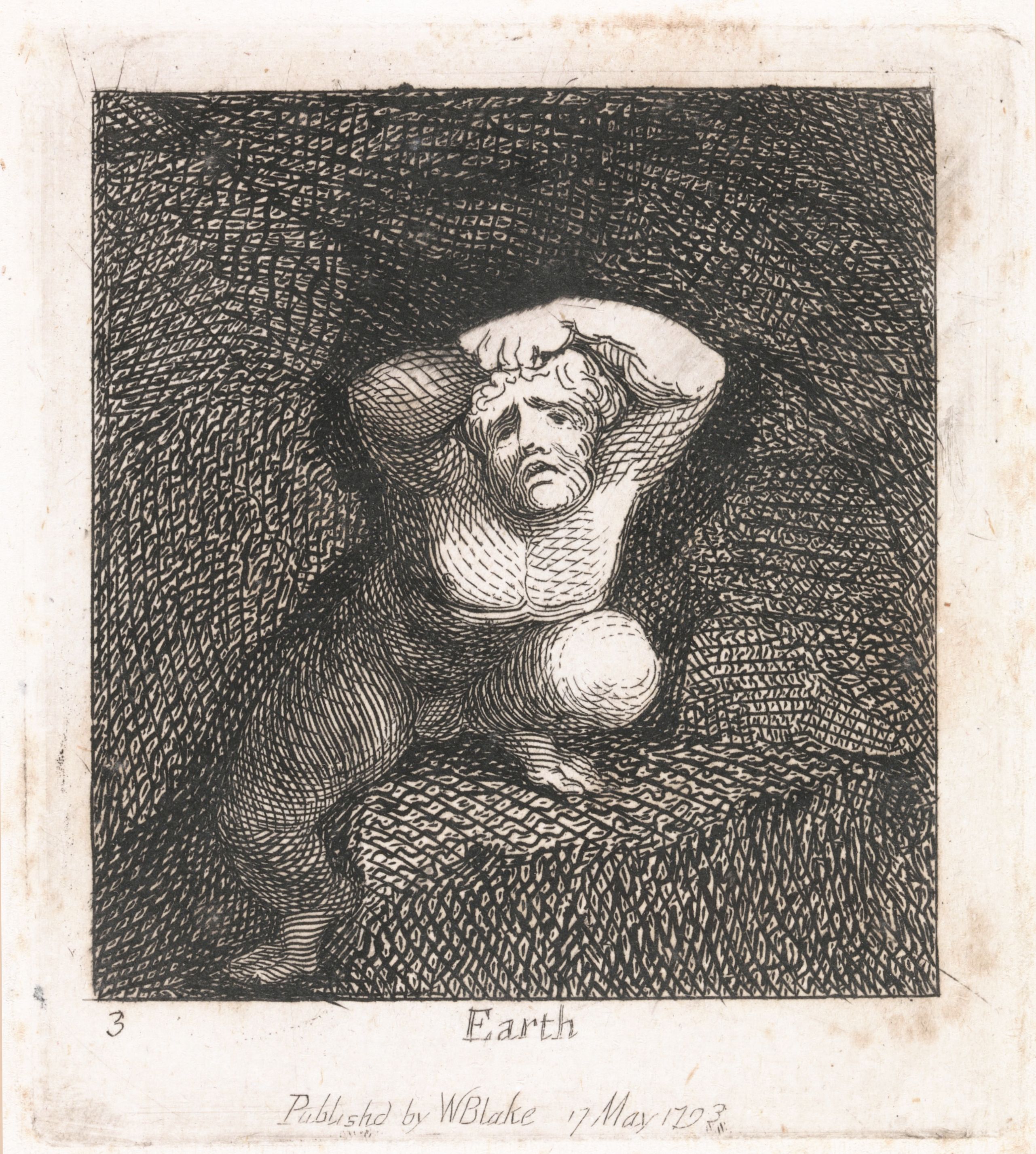 A black and white engraving titled 'Earth' by William Blake, dated May 12, 1793. The central figure is a muscular, nude man, depicted in a dynamic, contorted pose.
