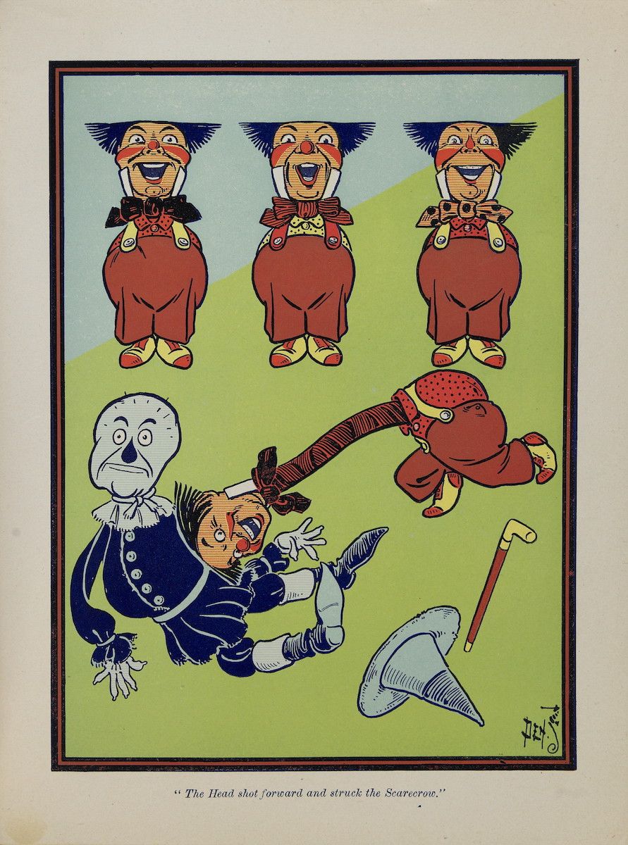 Vintage illustration of a chaotic scene with three identical figures, a falling figure, a flying figure, a tall thin figure, and a scarecrow.