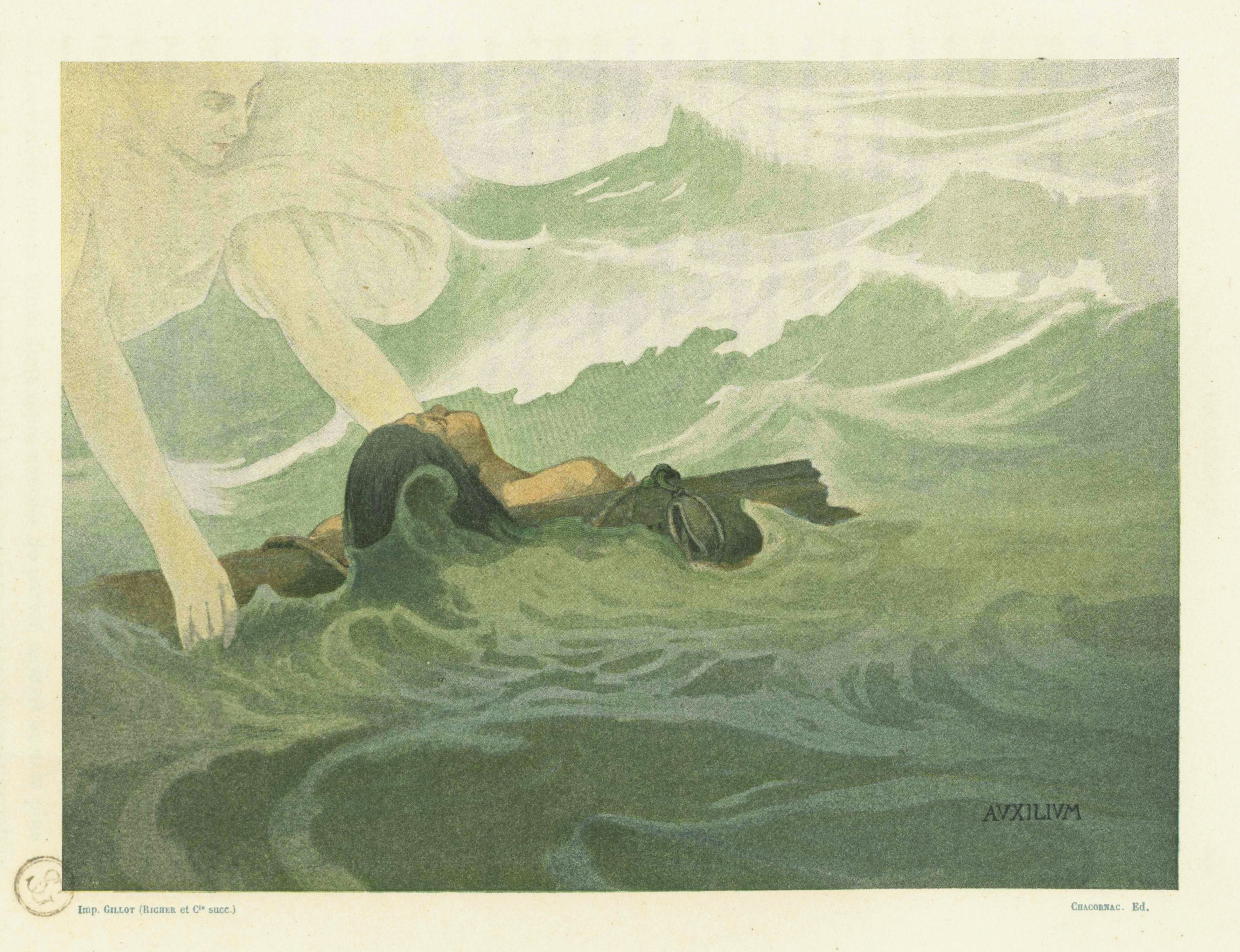 A vintage illustration of a person struggling in turbulent, dark green water with a pale sky and swirling waves.