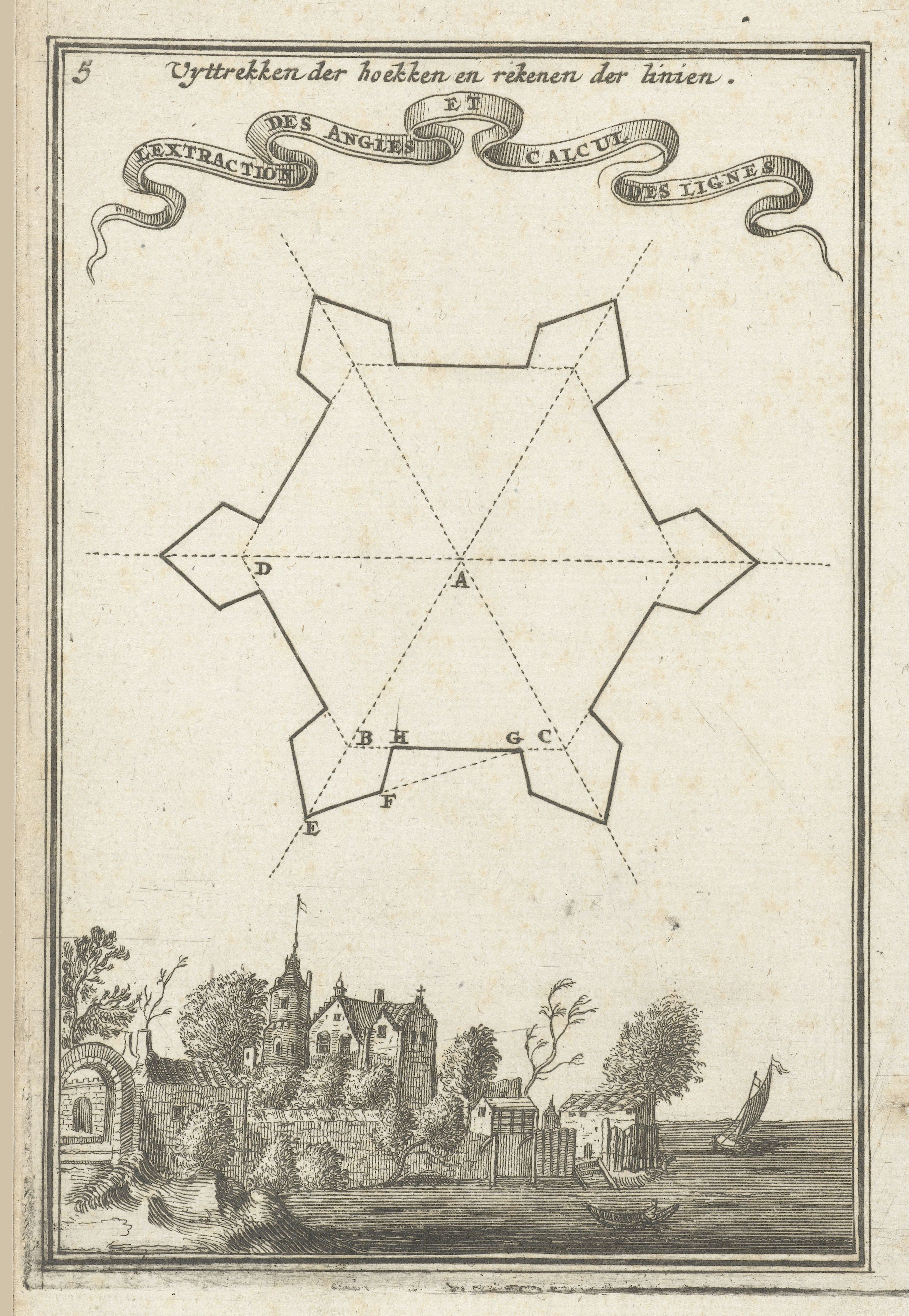 A vintage black and white illustration of a star-shaped fort with geometric lines and a landscape scene below.