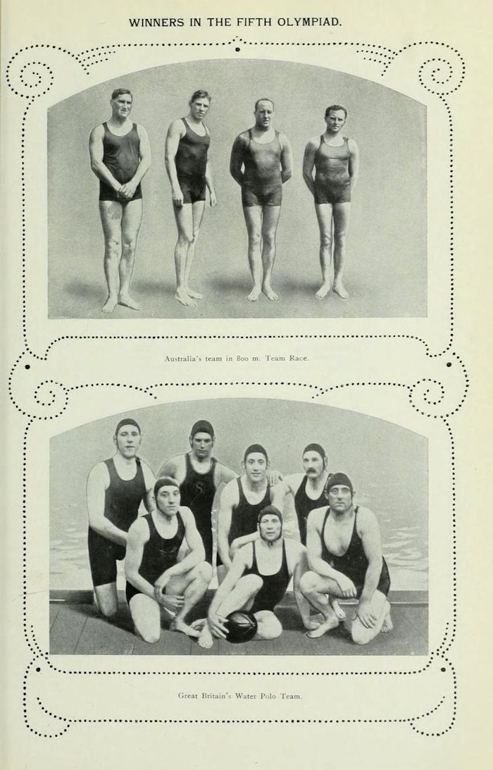 Vintage photograph from the Fifth Olympiad featuring Australia's 800m Team Race and Great Britain's Water Polo Team.