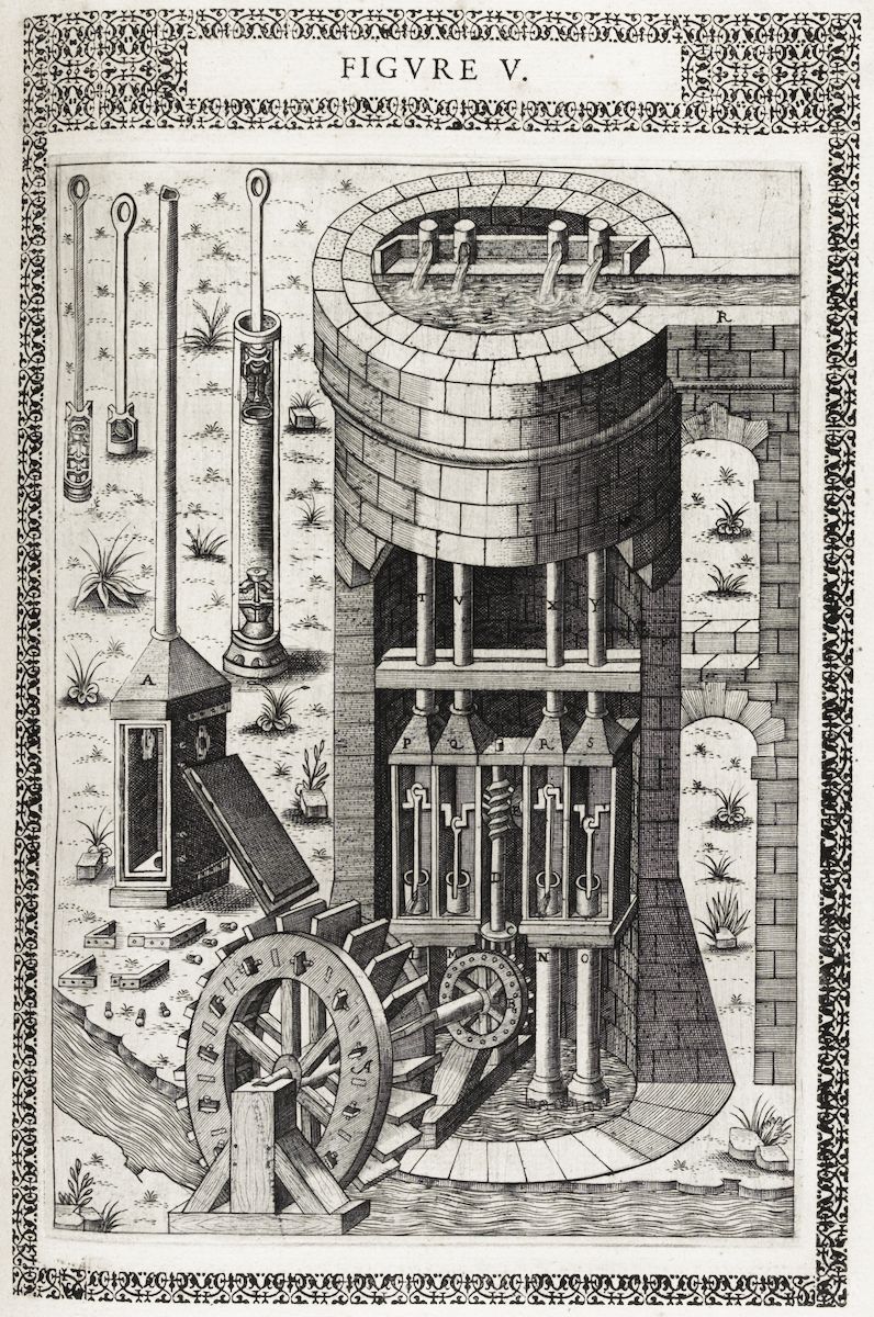 Detailed black and white engraving of an early steam engine with a water wheel, cylinders, pistons, and intricate mechanical components.