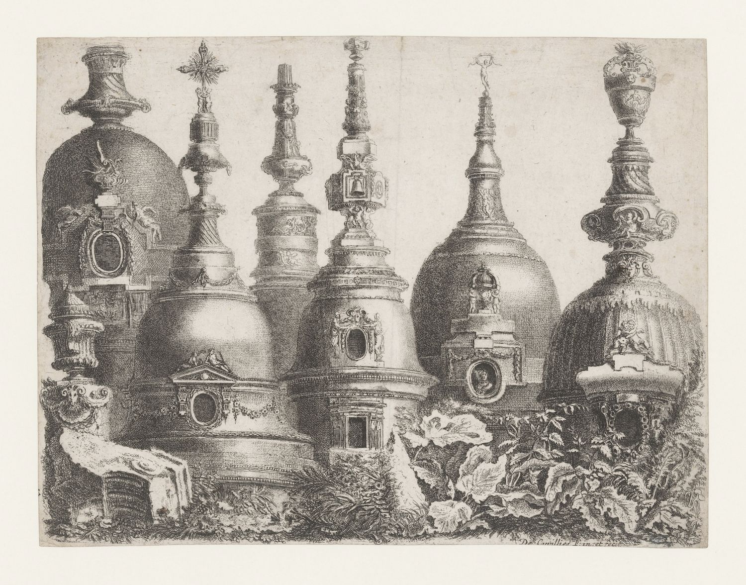 A black and white engraving of a row of ornate, dome-topped structures with intricate carvings and sculptures.