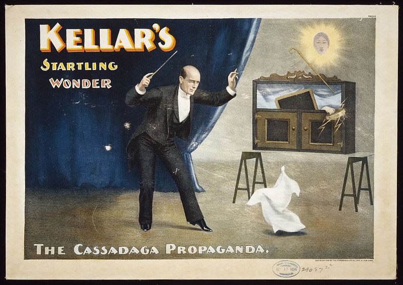 Vintage poster for Kellar's magic show, featuring a levitation trick with a ghostly figure emerging from a box.