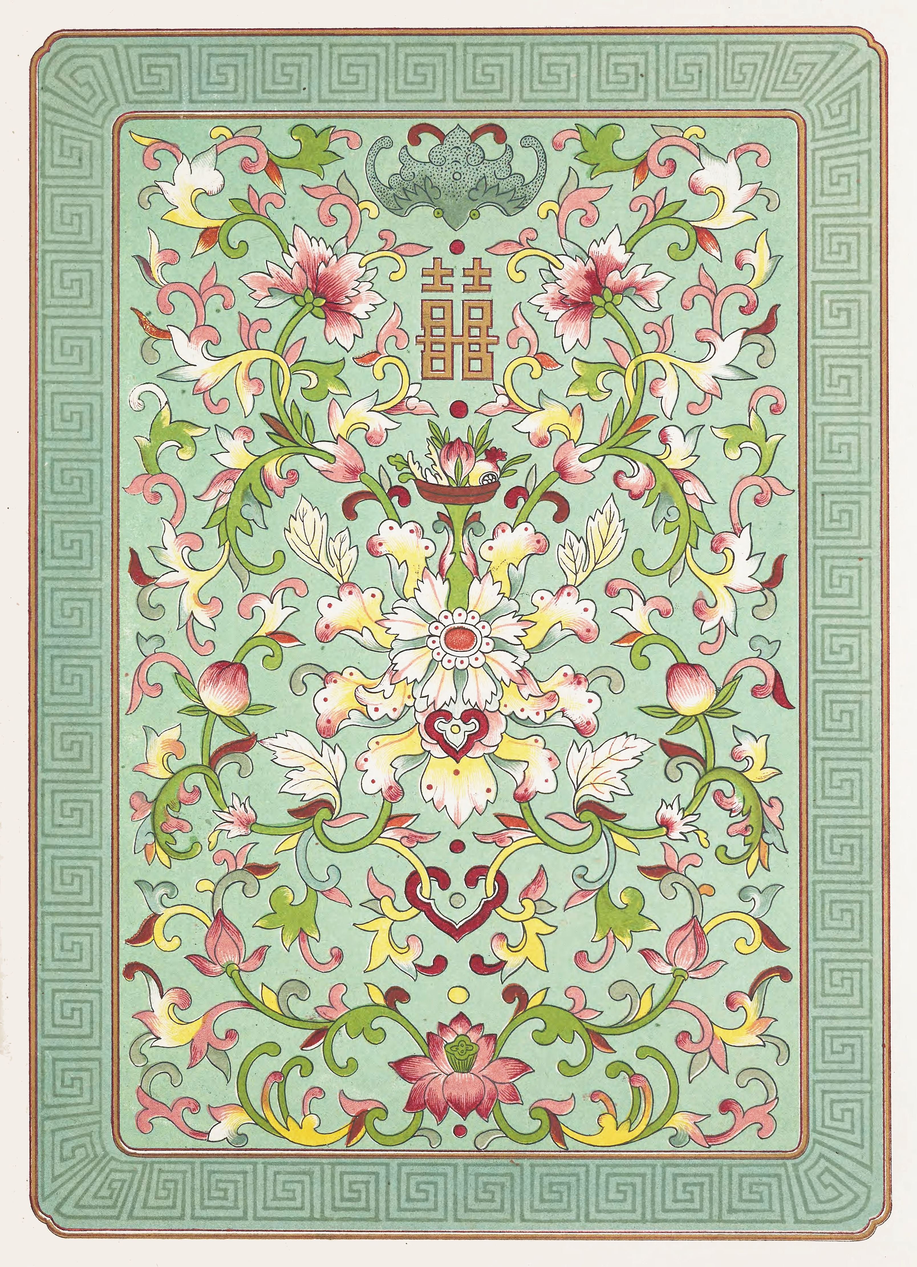 A rectangular design with a floral pattern and a geometric border.