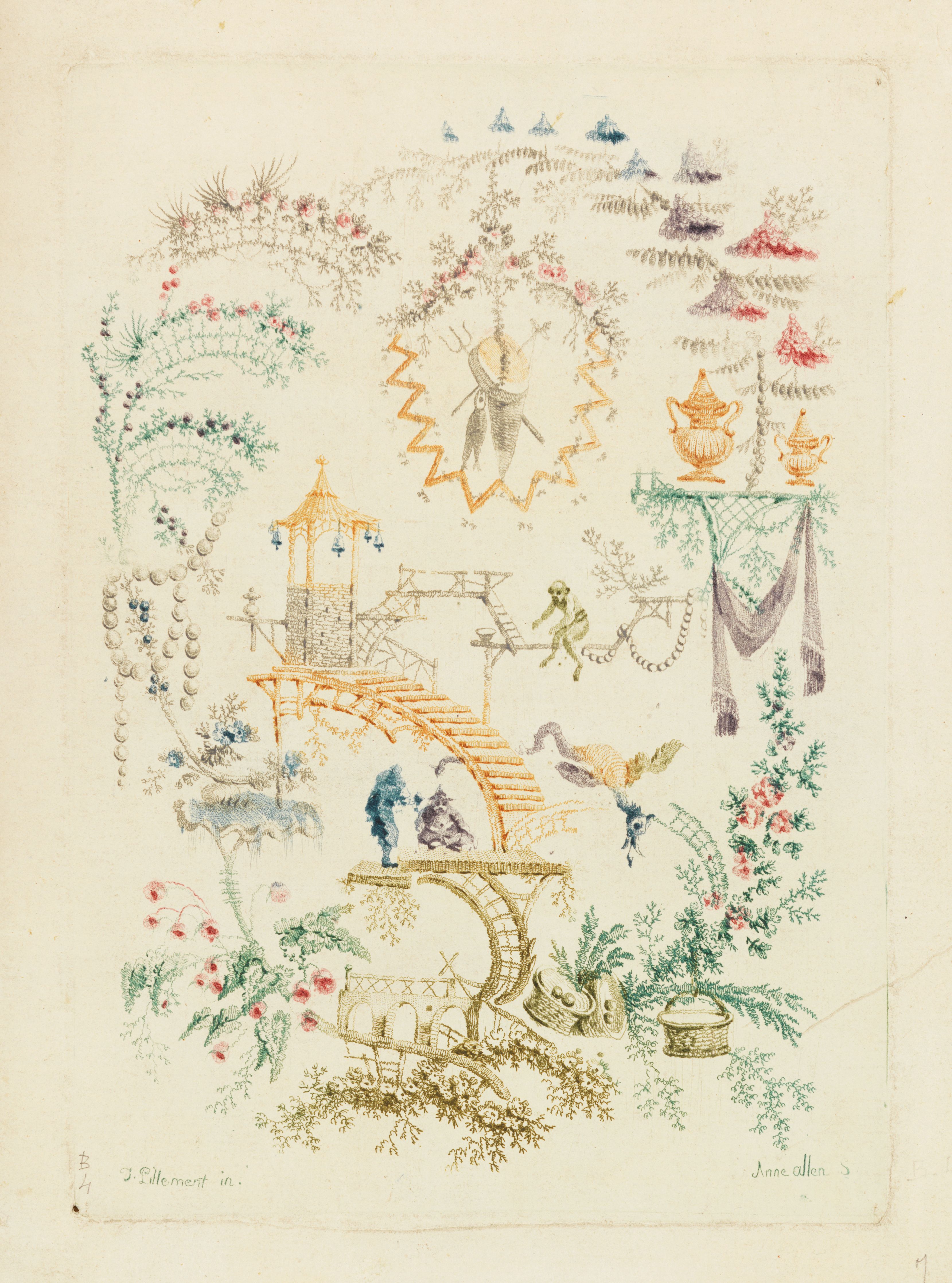 A detailed, antique-style drawing or illustration with a symmetrical composition of a landscape, castle, insect, and foliage in a muted color palette.