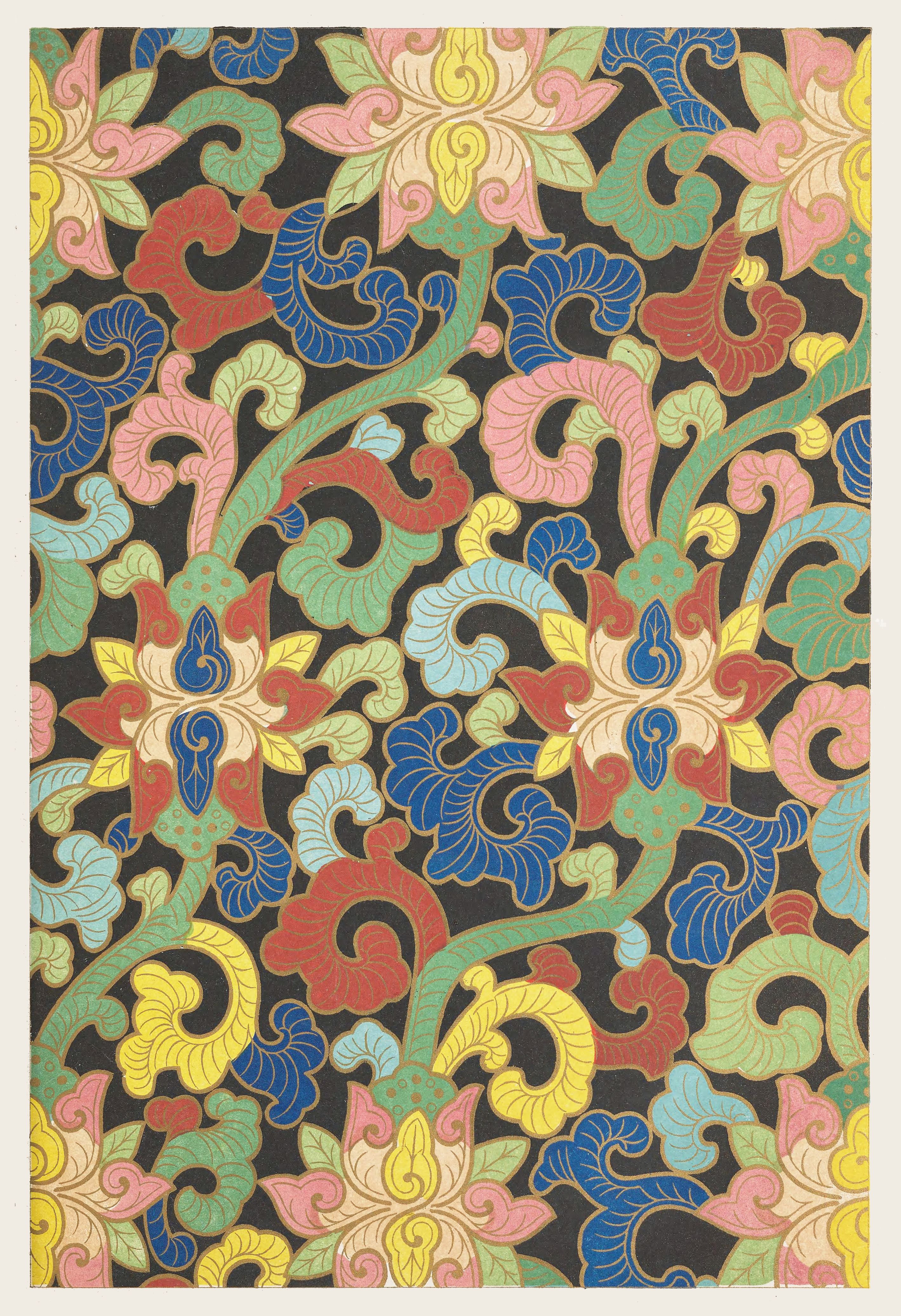 A close-up of a vibrant, intricate pattern with stylized floral and leaf-like motifs against a black background. The colors include blue, red, yellow, green, and pale pink.