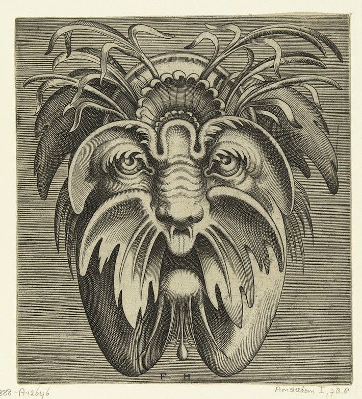 A black and white engraving of a fantastical head with swirling organic shapes and expressive eyes.