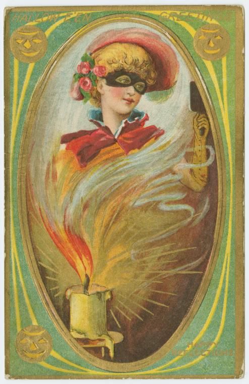 Vintage illustration of a woman in a mask and hat emerging from flames.