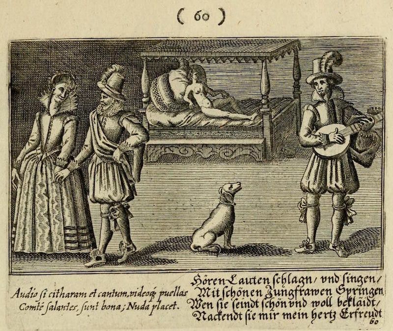 A black and white engraving depicting a scene with several people and a dog.