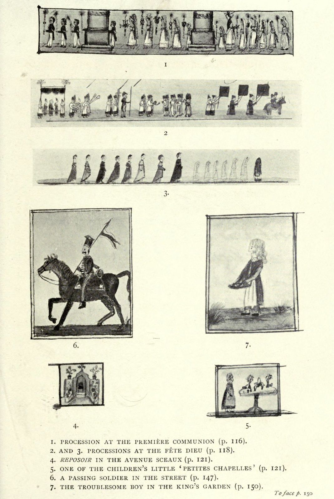 A collection of seven small, vintage-style illustrations arranged in a grid, depicting scenes from daily life and religious events.