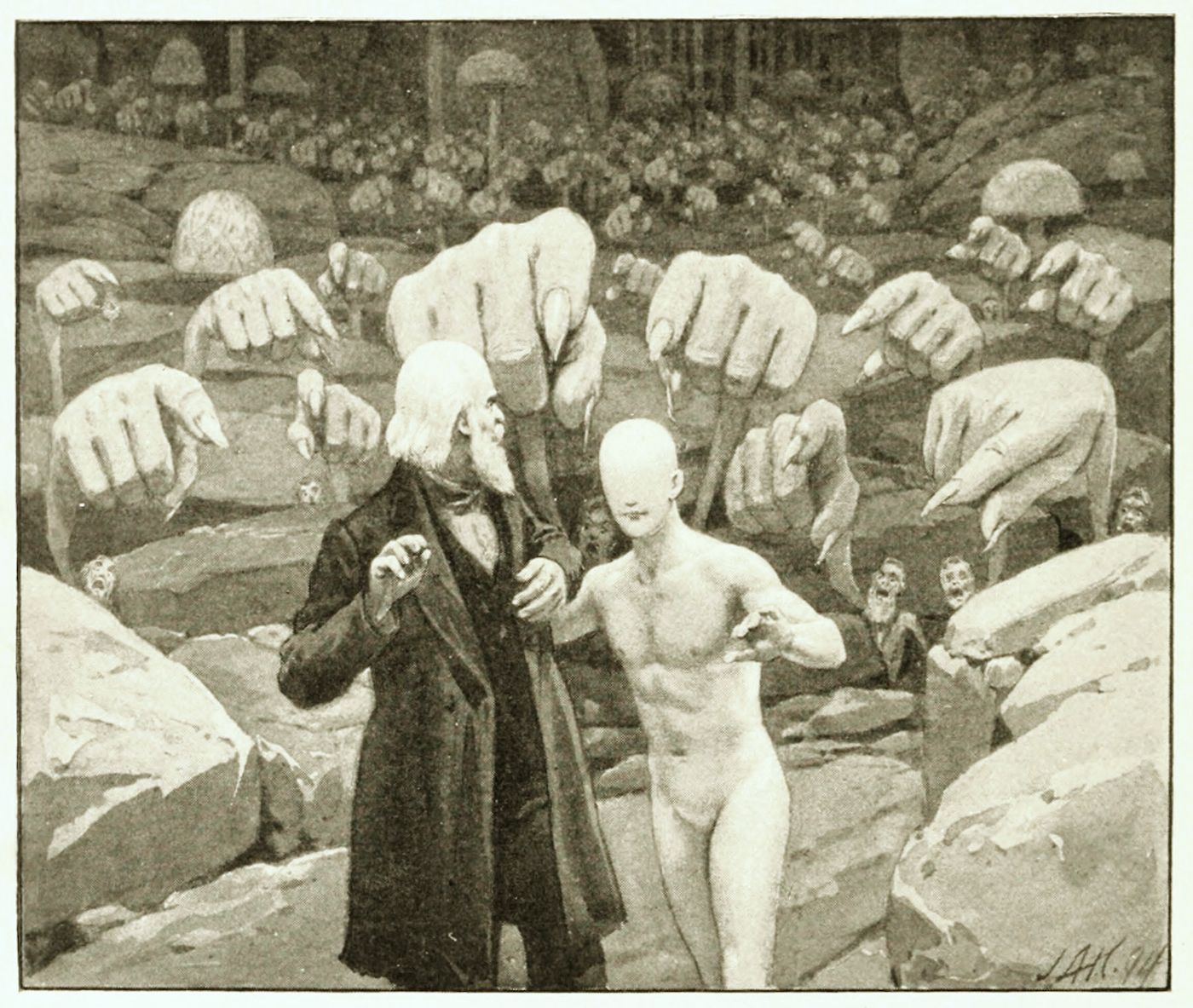 Black and white illustration of an elderly man speaking to a nude figure in a landscape filled with large, sculpted hands.
