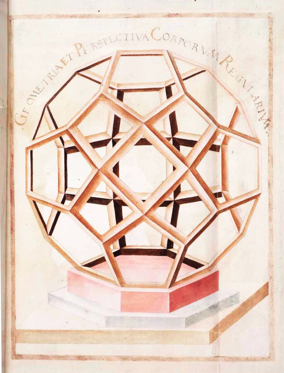 A historical manuscript page with a geometric illustration of a cube within a complex network of lines, rendered in red, black, and white.
