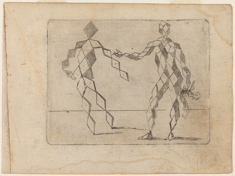 A black and white sketch of two figures forming an archway. The figures are highly stylized and constructed from a network of angular lines and geometric shapes.
