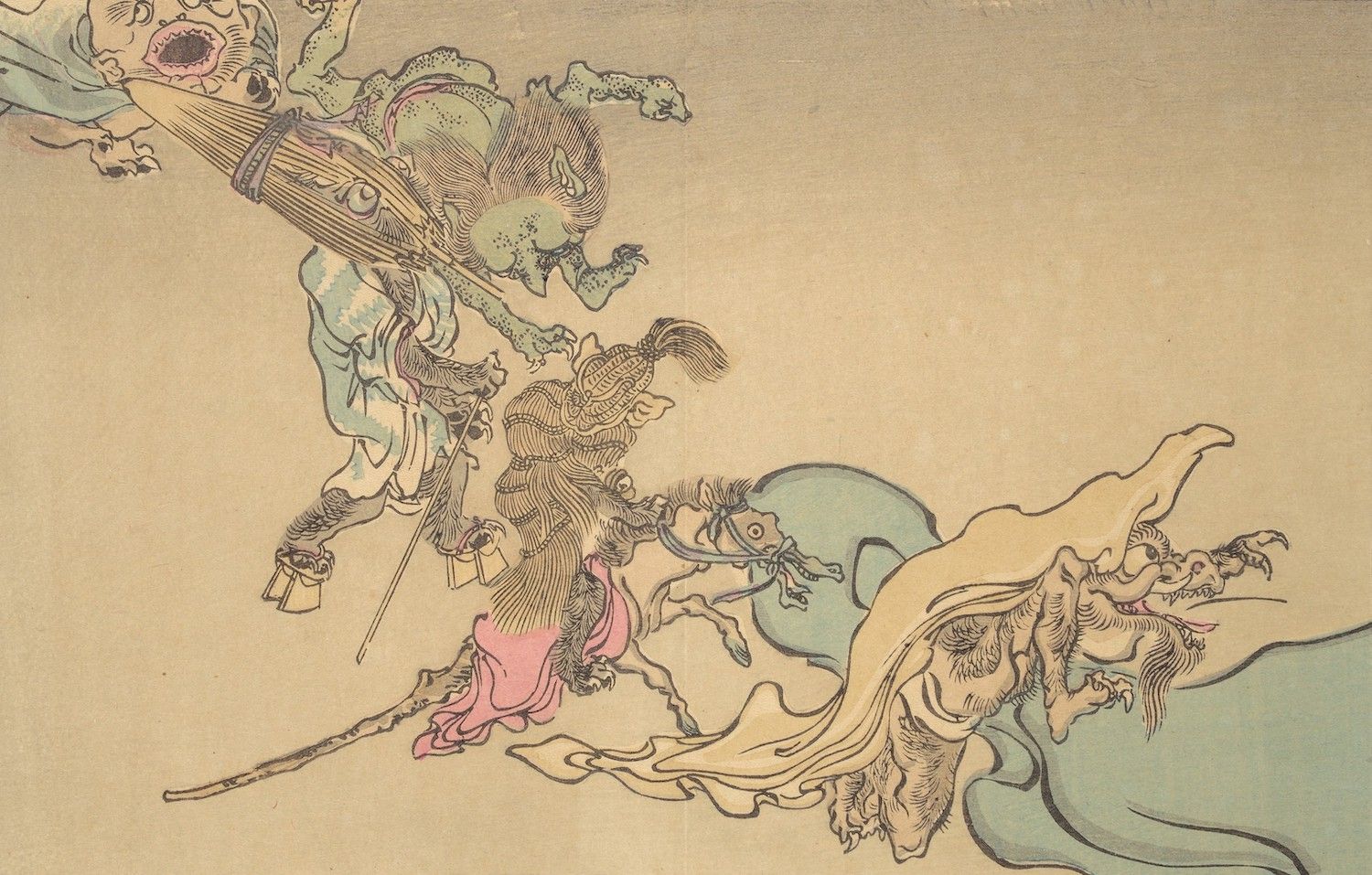 A traditional East Asian illustration depicting a warrior battling a dragon.