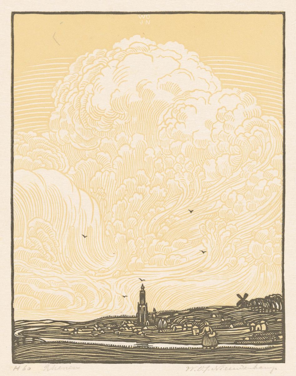 A vintage woodcut print depicting a townscape under a dramatic sky.