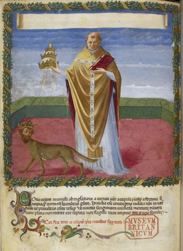 Illuminated manuscript page with a man in ecclesiastical attire, a lion, and decorative borders.