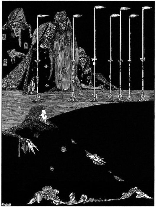 A gothic illustration with a tall figure surrounded by grotesque faces and candlesticks, and a reclining figure with winged creatures.