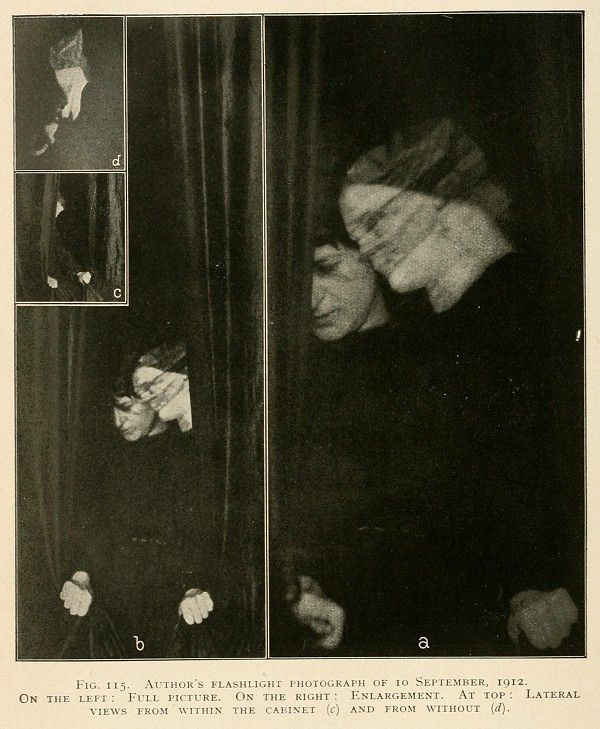 A composite photograph from September 10, 1912, showing a person holding a flashlight in a dark setting, with smaller inset images showing views from within and without a cabinet.