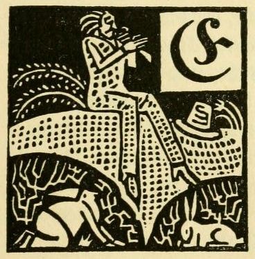 Black and white woodcut illustration of a woman playing a harp next to a basket, with a curved symbol above.