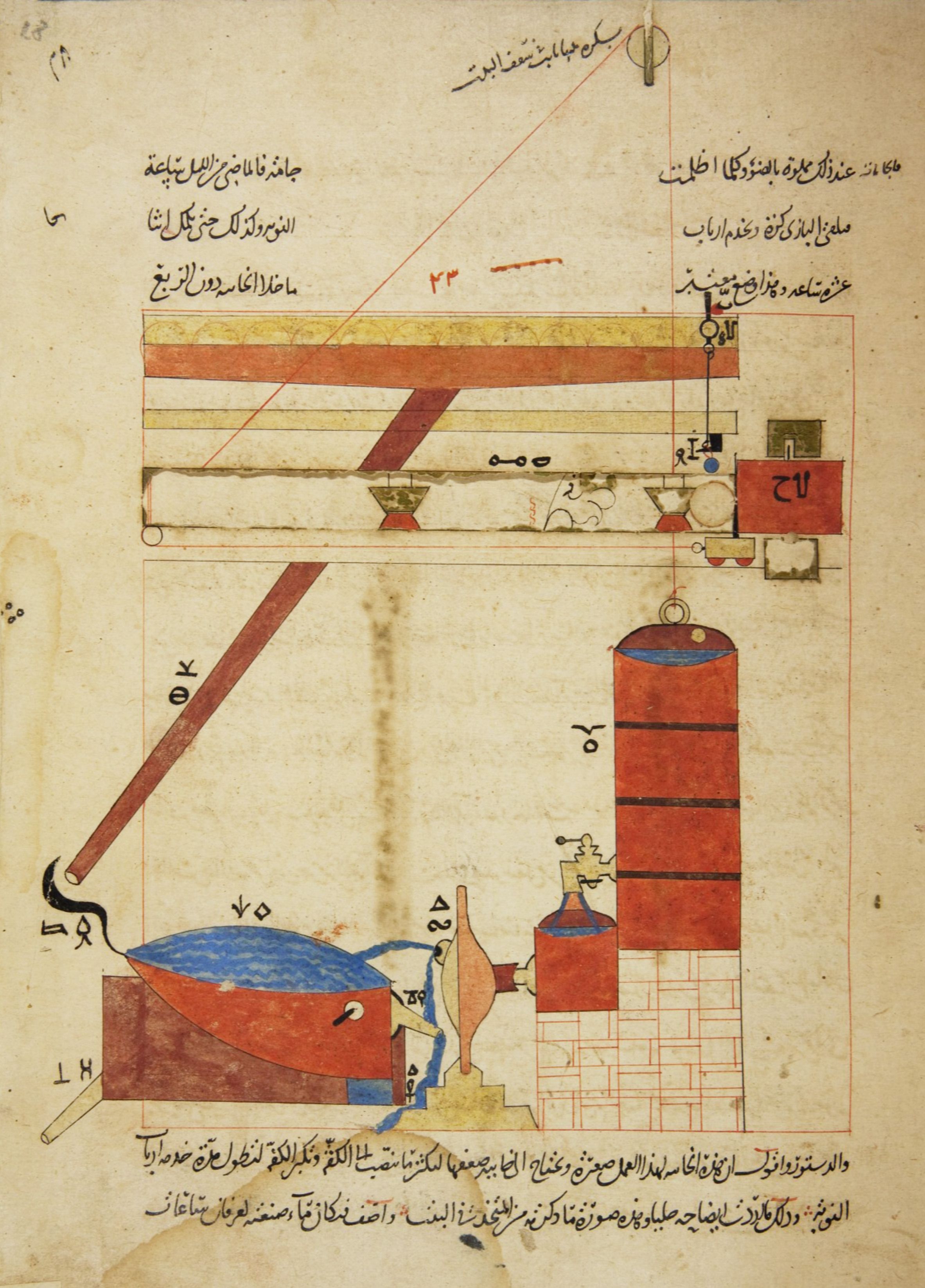 A detailed illustration from a historical manuscript depicting a complex water-powered machine with tanks, pipes, and a water wheel, surrounded by Arabic text.