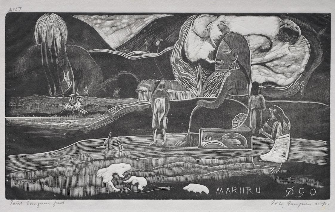 A black and white woodcut print depicting a surreal landscape with several figures and animals.