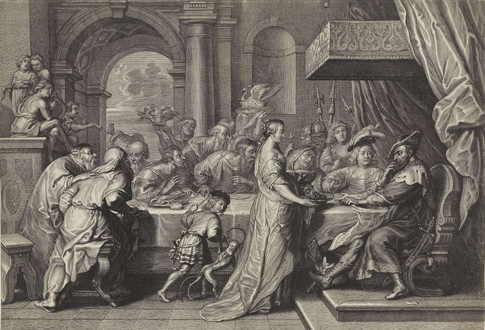 A black and white engraving depicting a historical or biblical scene with a long table, numerous figures, and classical architectural elements.