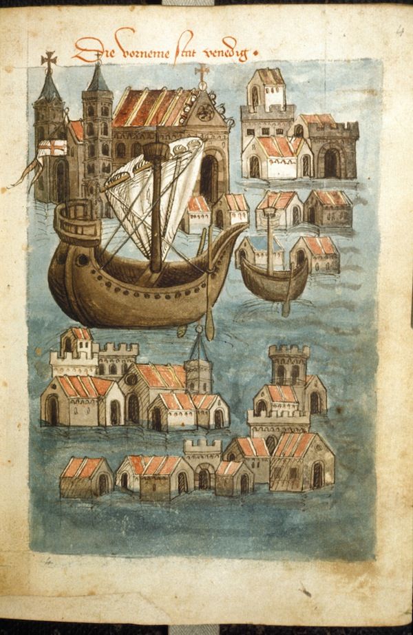Medieval illustration of a city built on water, with ships navigating between buildings.