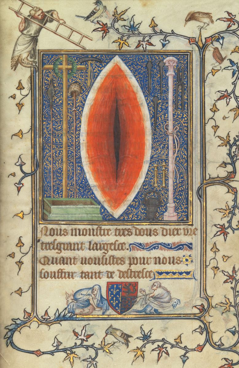 A detailed manuscript illumination featuring a large, ornate letter 'O' surrounded by decorative borders and scenes.