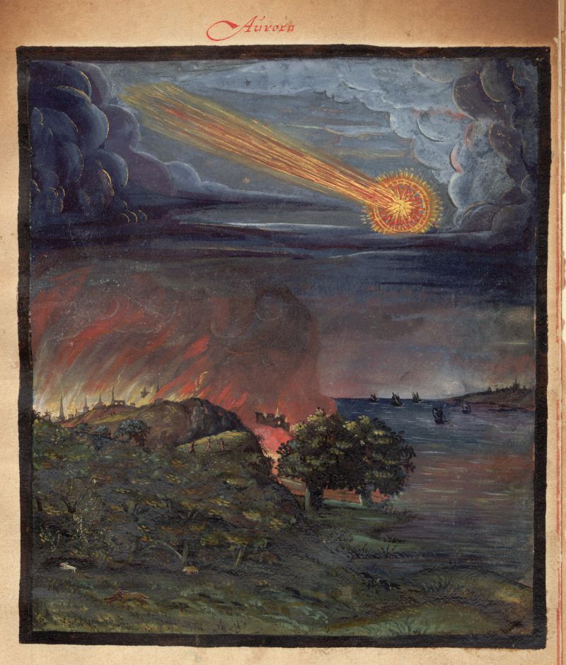 A painting depicting a dramatic aurora borealis over a landscape with hills, trees, water, ships, and a city. The sky is filled with dark clouds and radiant light rays, while a fiery glow emanates from the lower part of the painting. The word "Aurora" is written at the top.