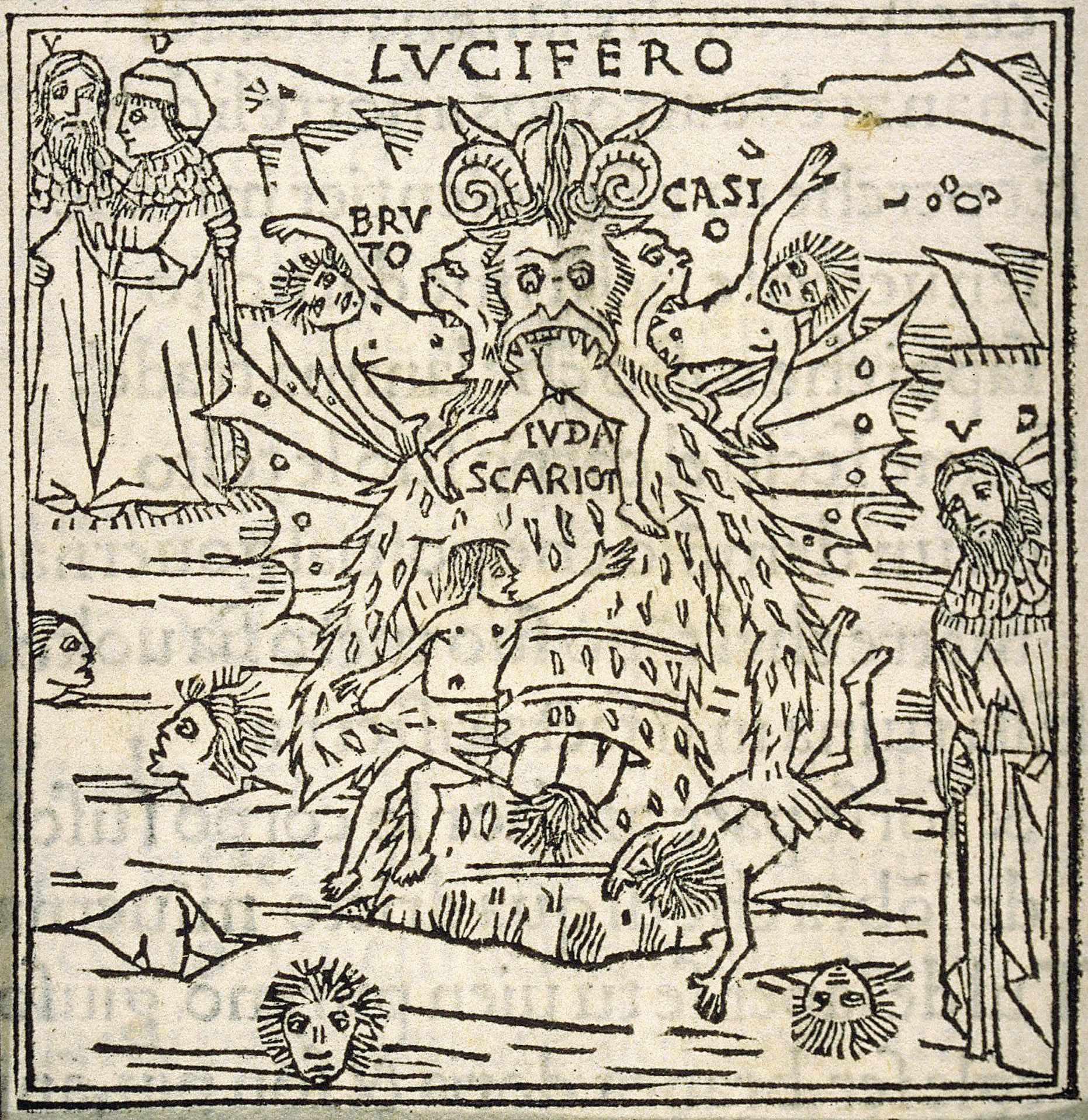A black and white woodcut illustration depicting a gnarled tree filled with grotesque faces and monstrous figures, with human figures surrounding it in various states of distress. The word 'LVCIFERO' is written above the tree.