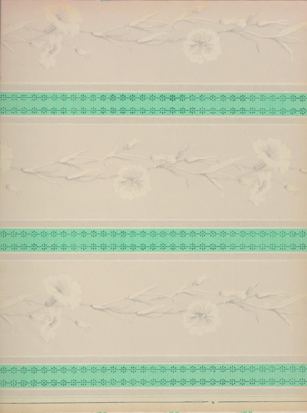 A vintage patterned paper with a cream background, repeating floral designs, and turquoise-green borders.