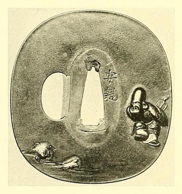 A detailed image of a Japanese tsuba with a figure and a crane.