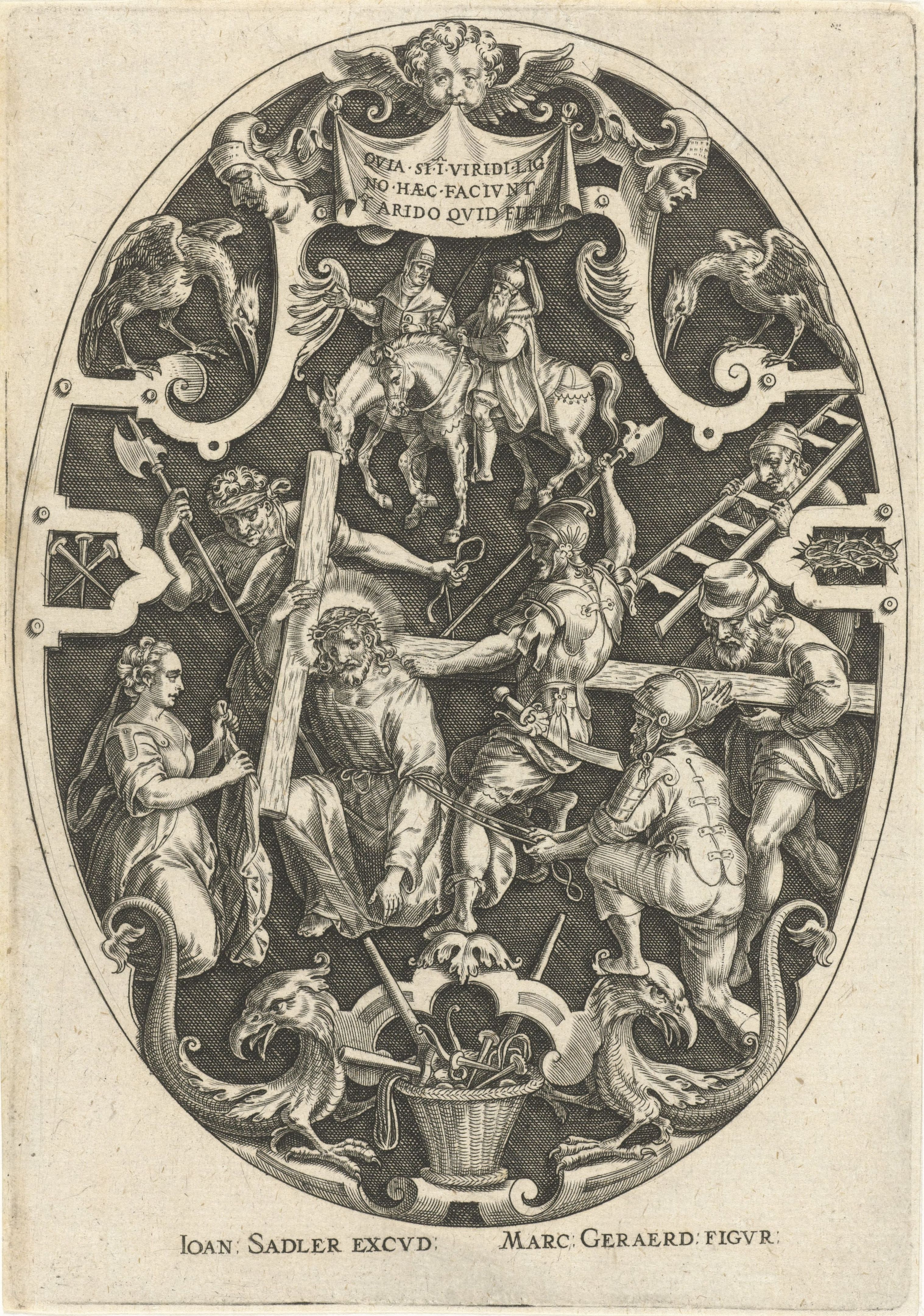 A detailed black and white engraving depicting the crucifixion of Jesus Christ within an ornate, shield-shaped frame.