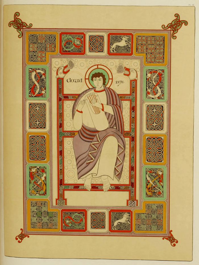Illuminated manuscript page with a figure playing a harp, framed by an elaborate border of interlacing knots and geometric designs.