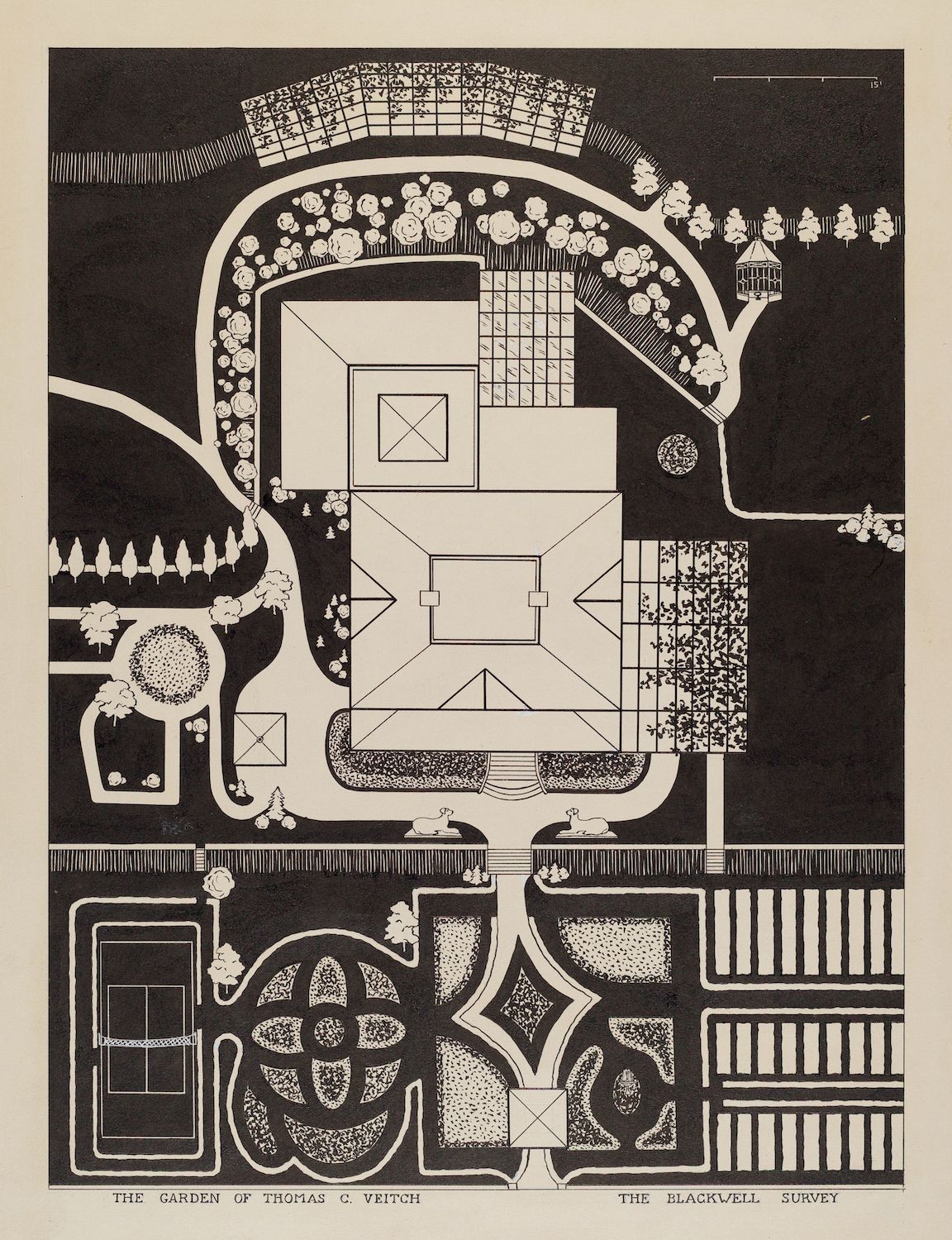 A black and white illustration of a formal garden plan, featuring a central building, symmetrical paths, and geometric flower beds. The text at the bottom reads 'THE GARDEN OF THOMAS C. VEITCH' and 'THE BLACKWELL SURVEY'.