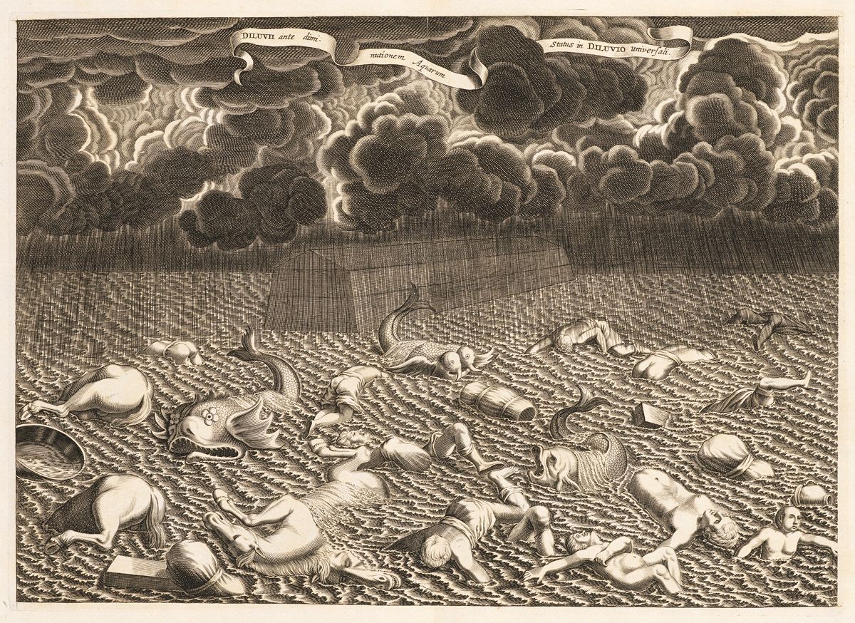 A black and white engraving depicting a chaotic scene of a great flood. The sky is filled with dark, swirling clouds, and torrential rain is falling. Below, a vast expanse of water covers the land, with people and animals struggling for their lives.