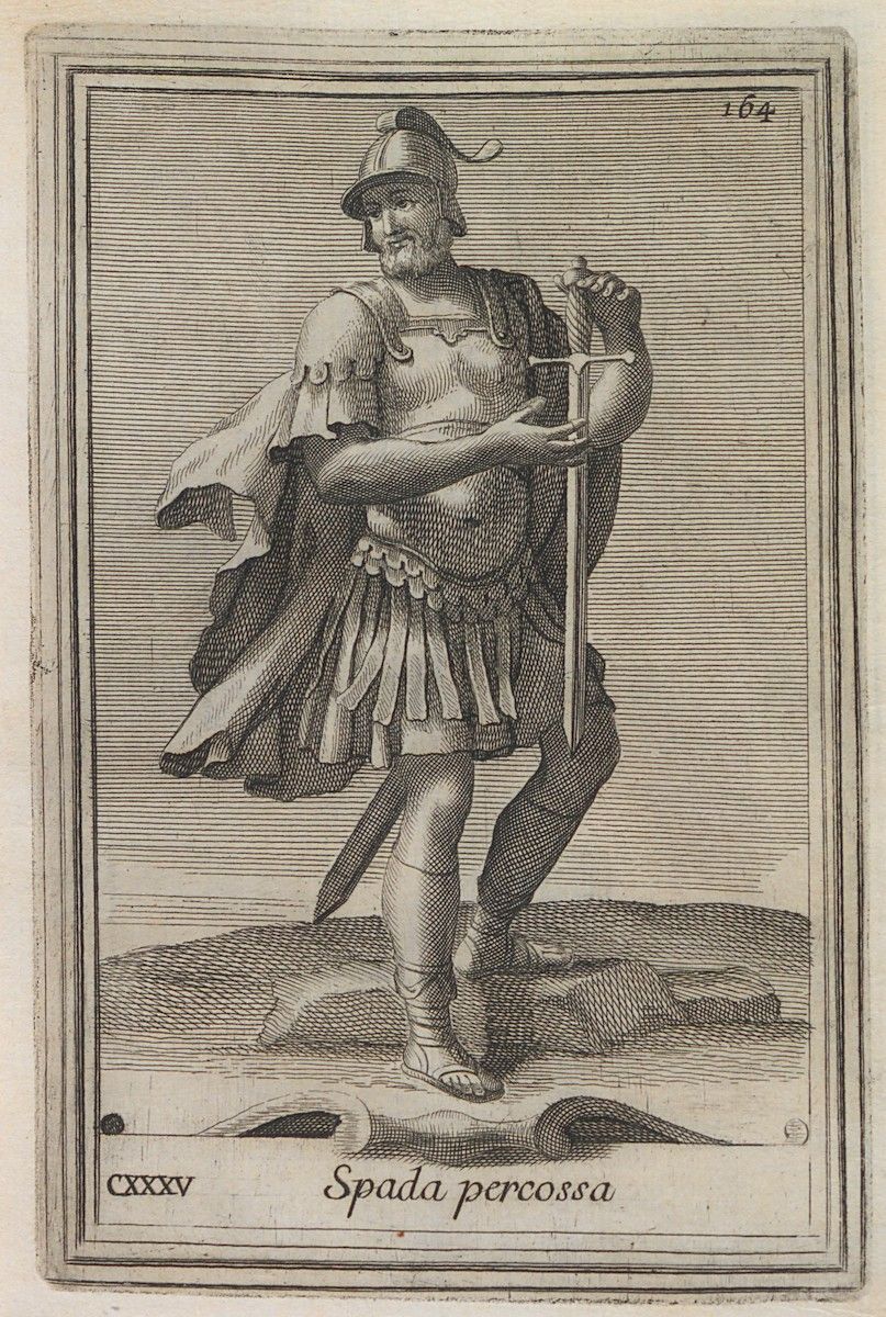 A black and white engraving of a man in full armor, holding a sword, with Roman numerals and text at the bottom.