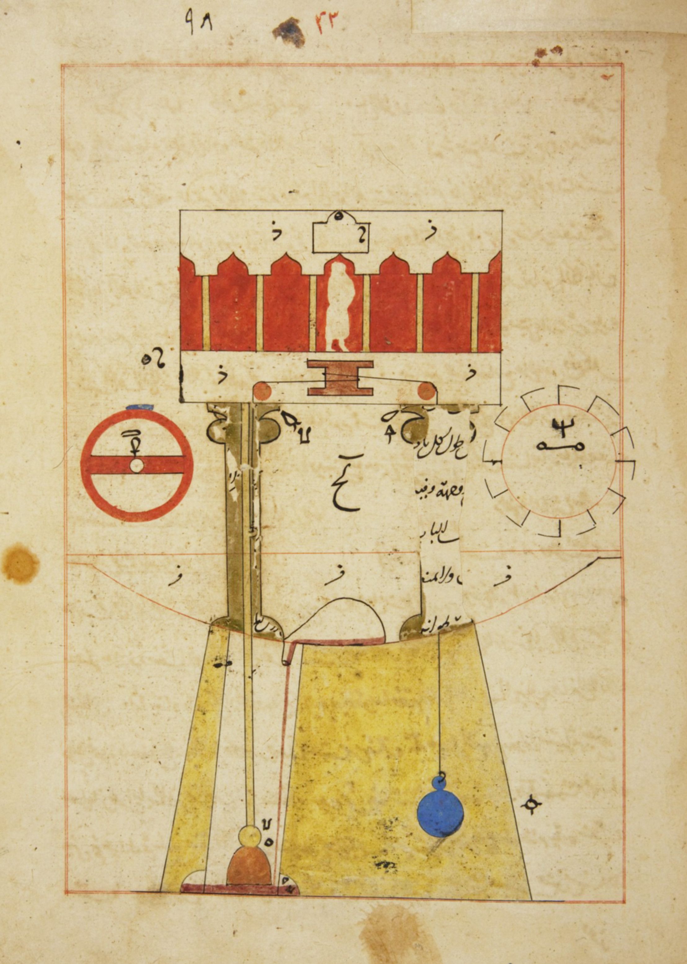 A detailed illustration from a historical manuscript depicting a complex mechanical diagram, possibly related to an early form of water clock or automated device.
