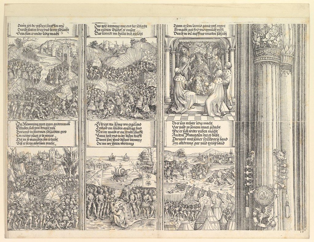 A triptych engraving depicting historical or religious scenes with detailed figures, landscapes, and ornate designs.