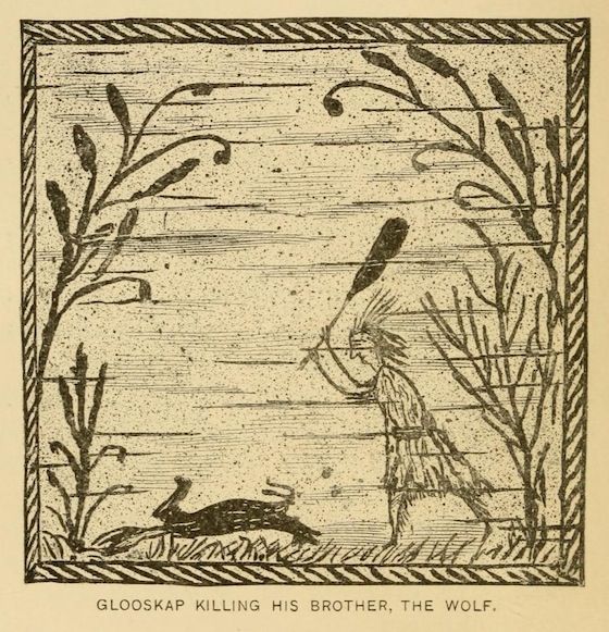 Vintage illustration of Glooskap killing his brother, the wolf, with stylized vegetation and a decorative border.
