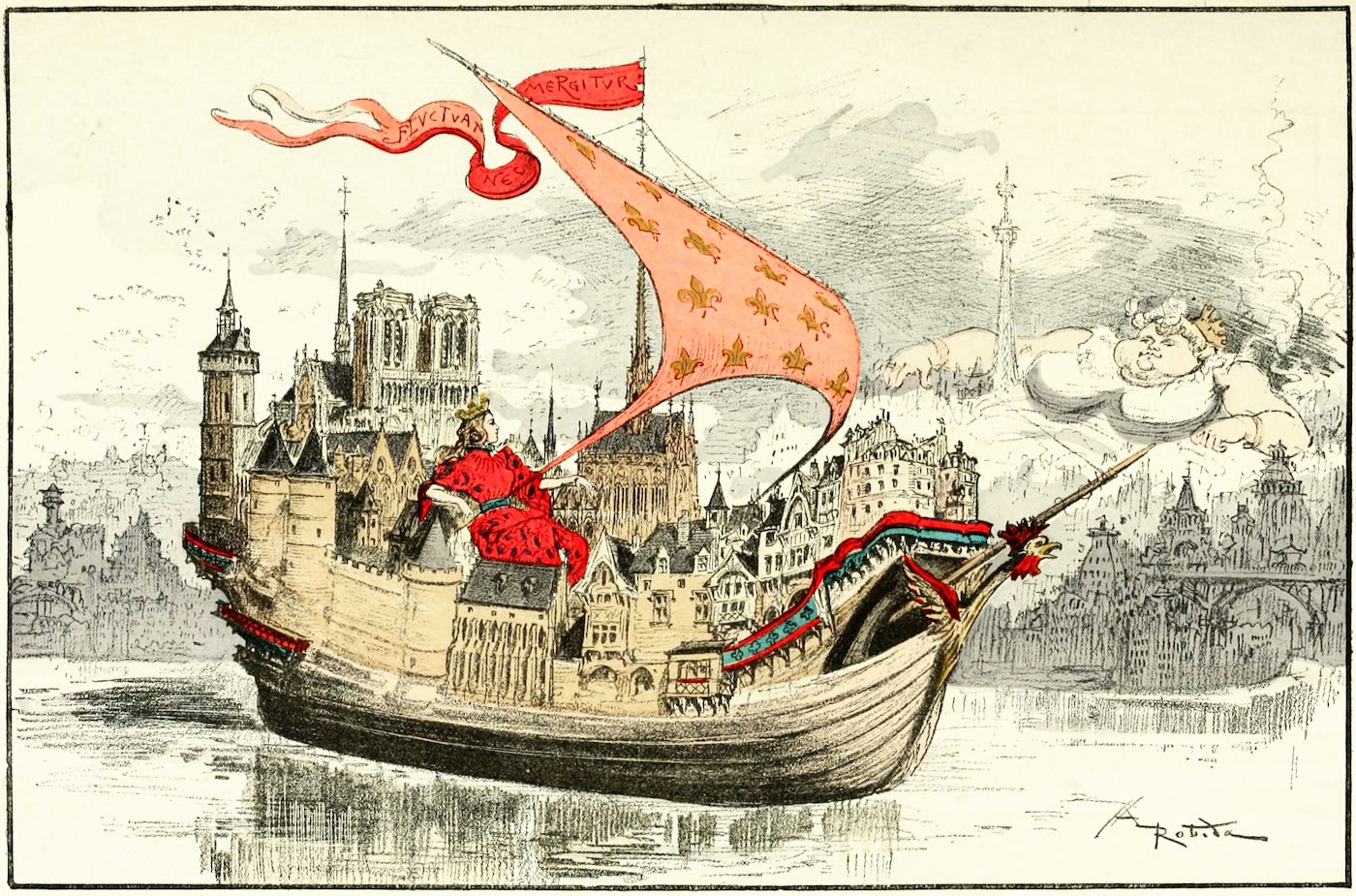 Vintage illustration of a ship shaped like a city, with Notre Dame Cathedral as a central feature, sailing on water with angels above.