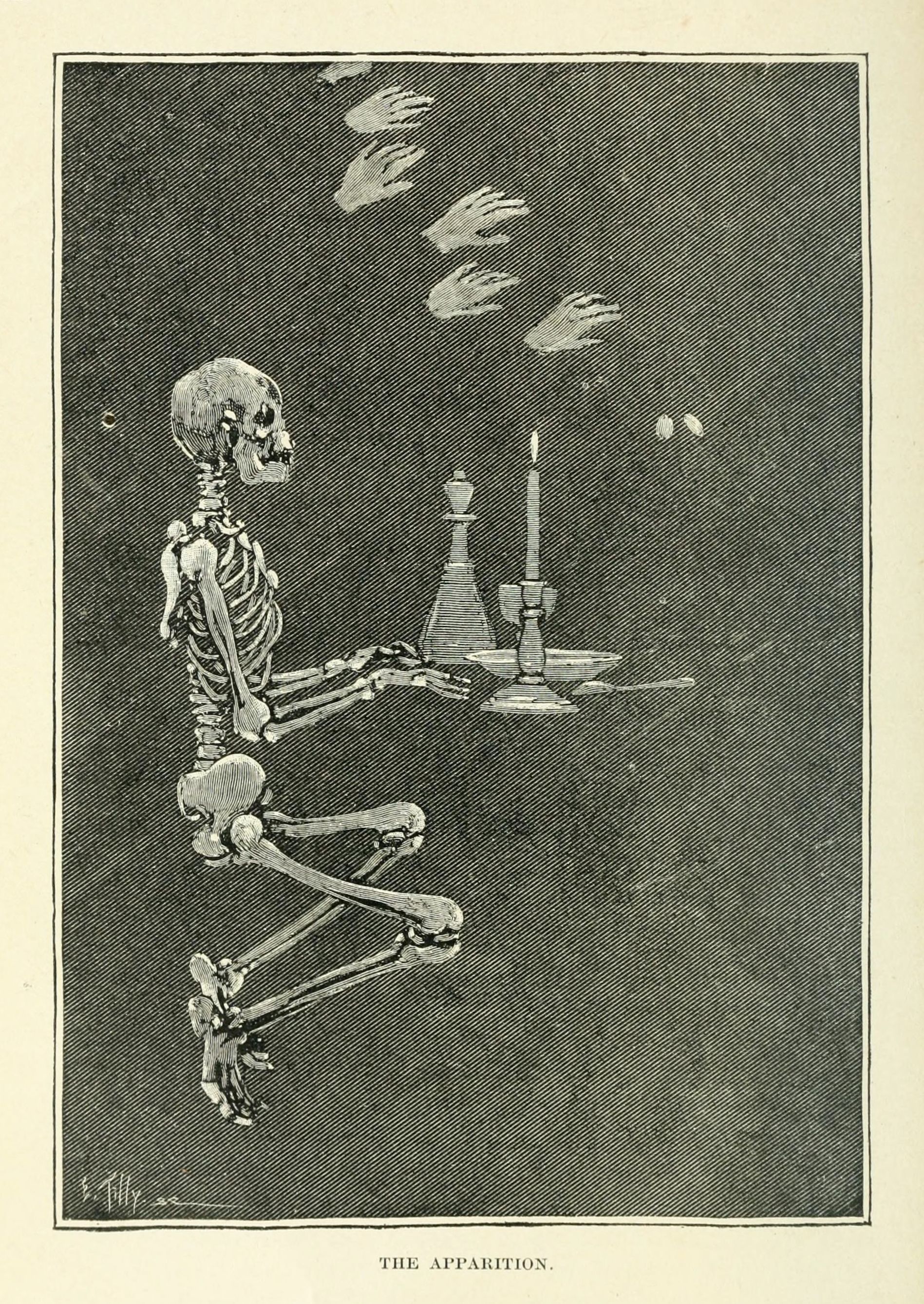 Vintage illustration of a skeleton playing chess against a ghostly opponent.